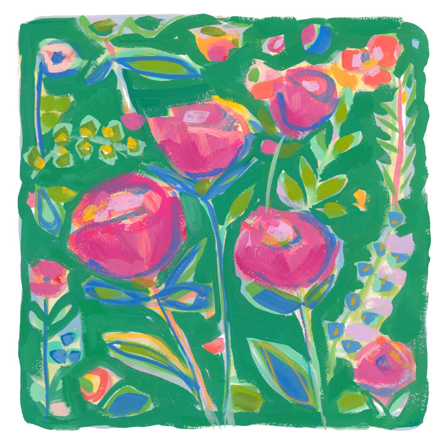Colorful pink floral painting on a green background