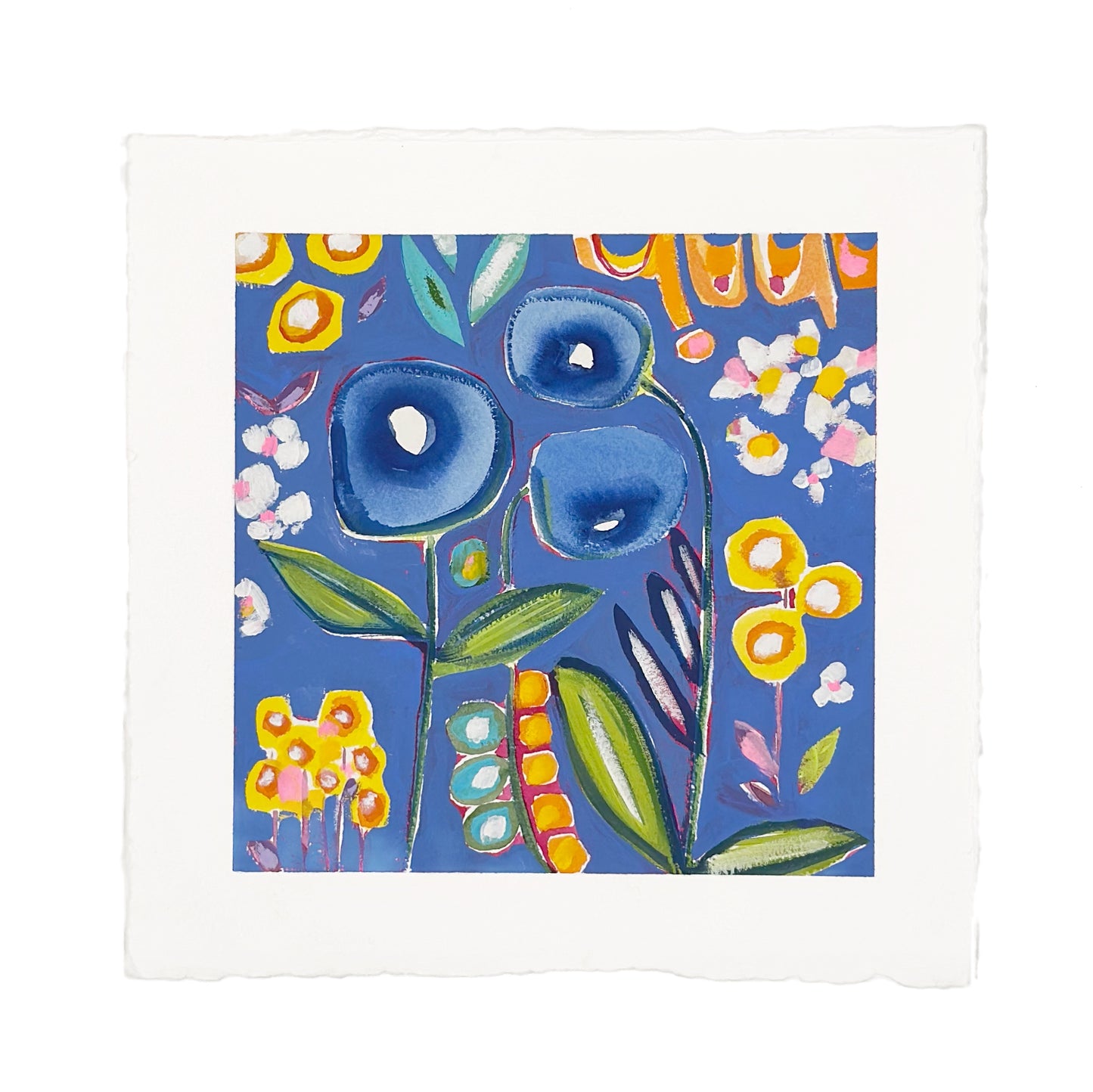 Blue and yellow abstract floral painting on paper