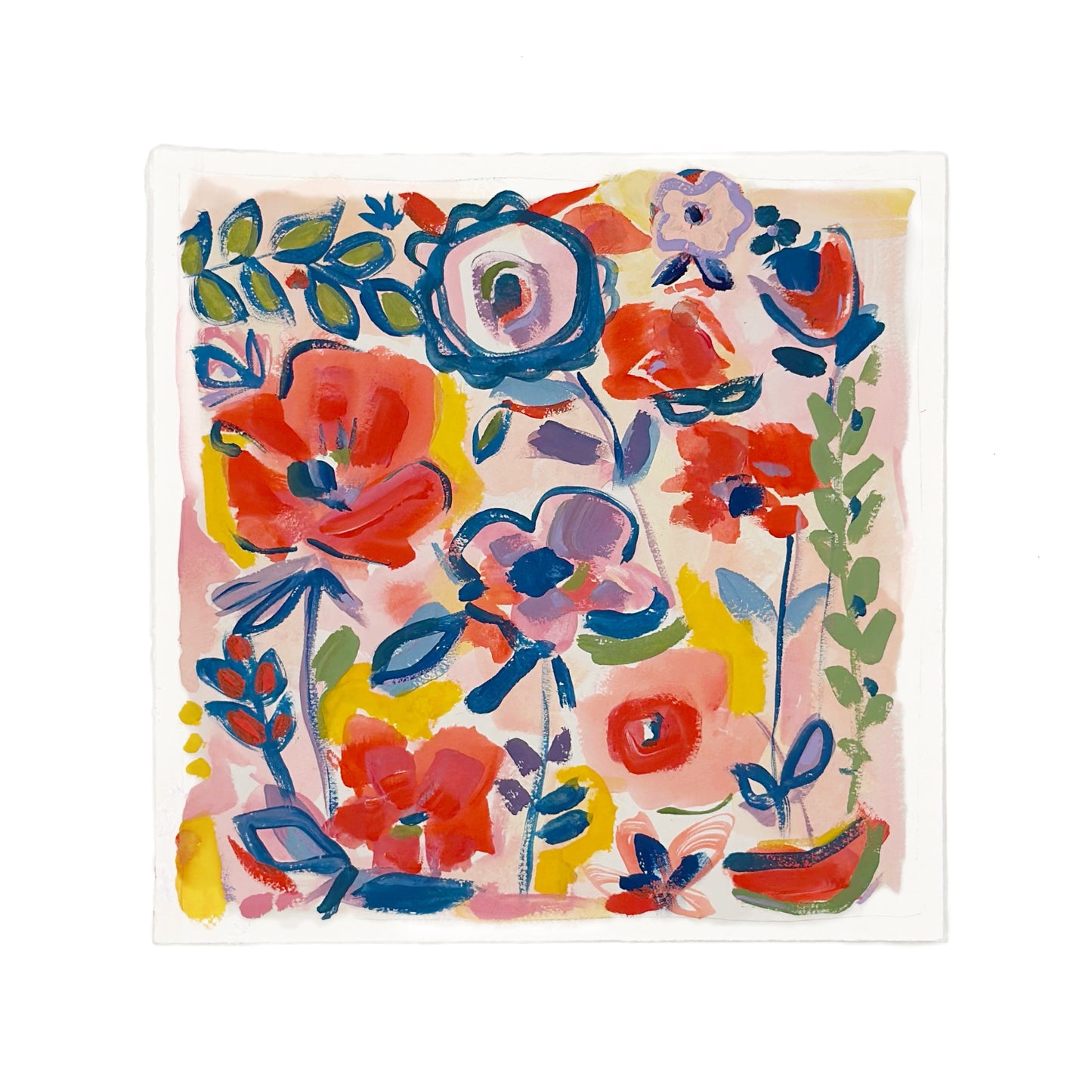 Colorful pink and red floral painting with a white background