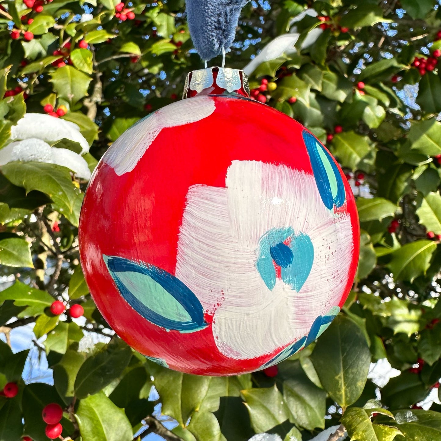Red and white floral hand painted christmas ornament