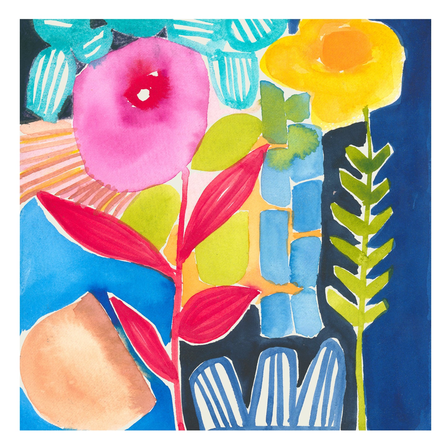 Colorful abstract artwork with flowers and leaves on a blue background