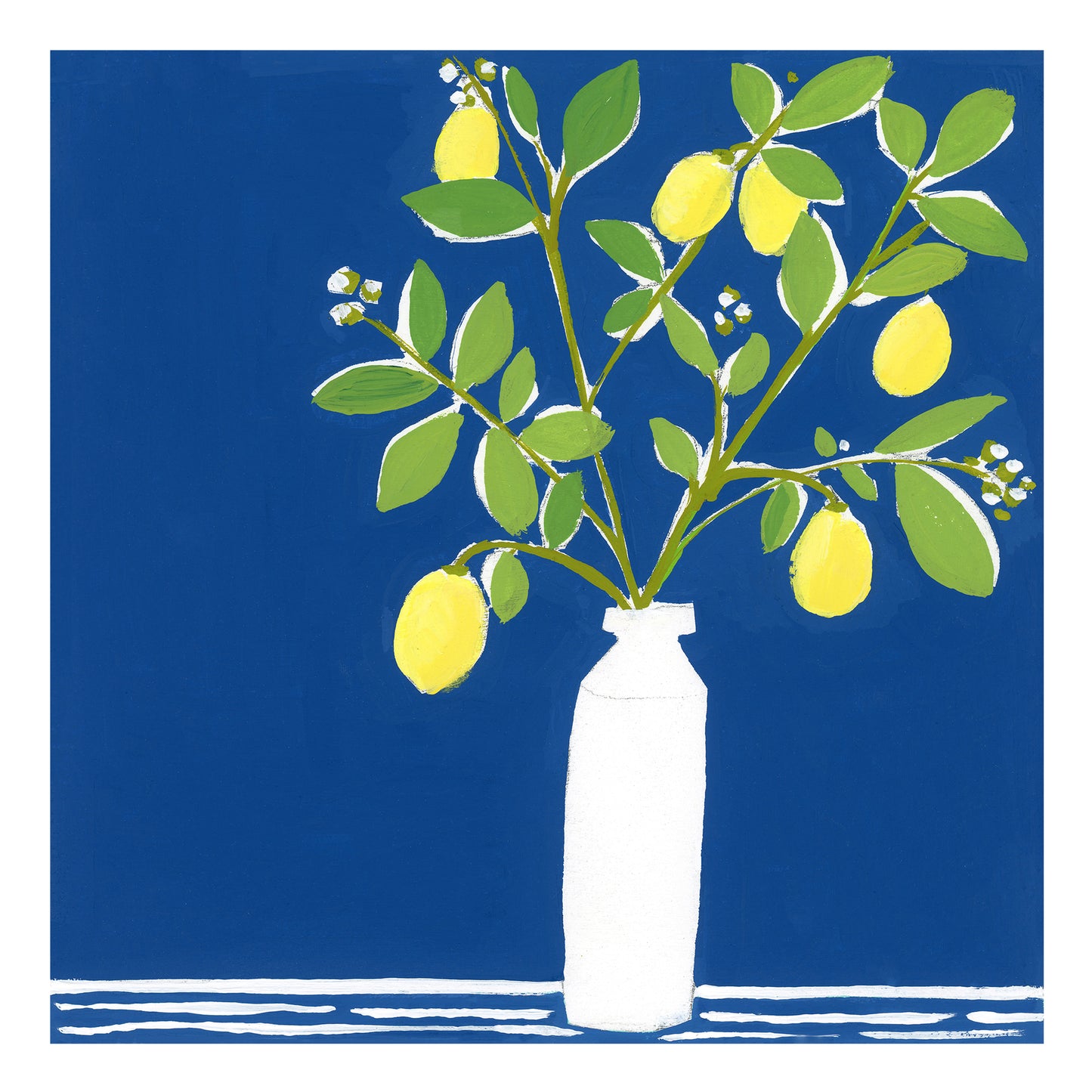 White vase with lemon branches on a blue background