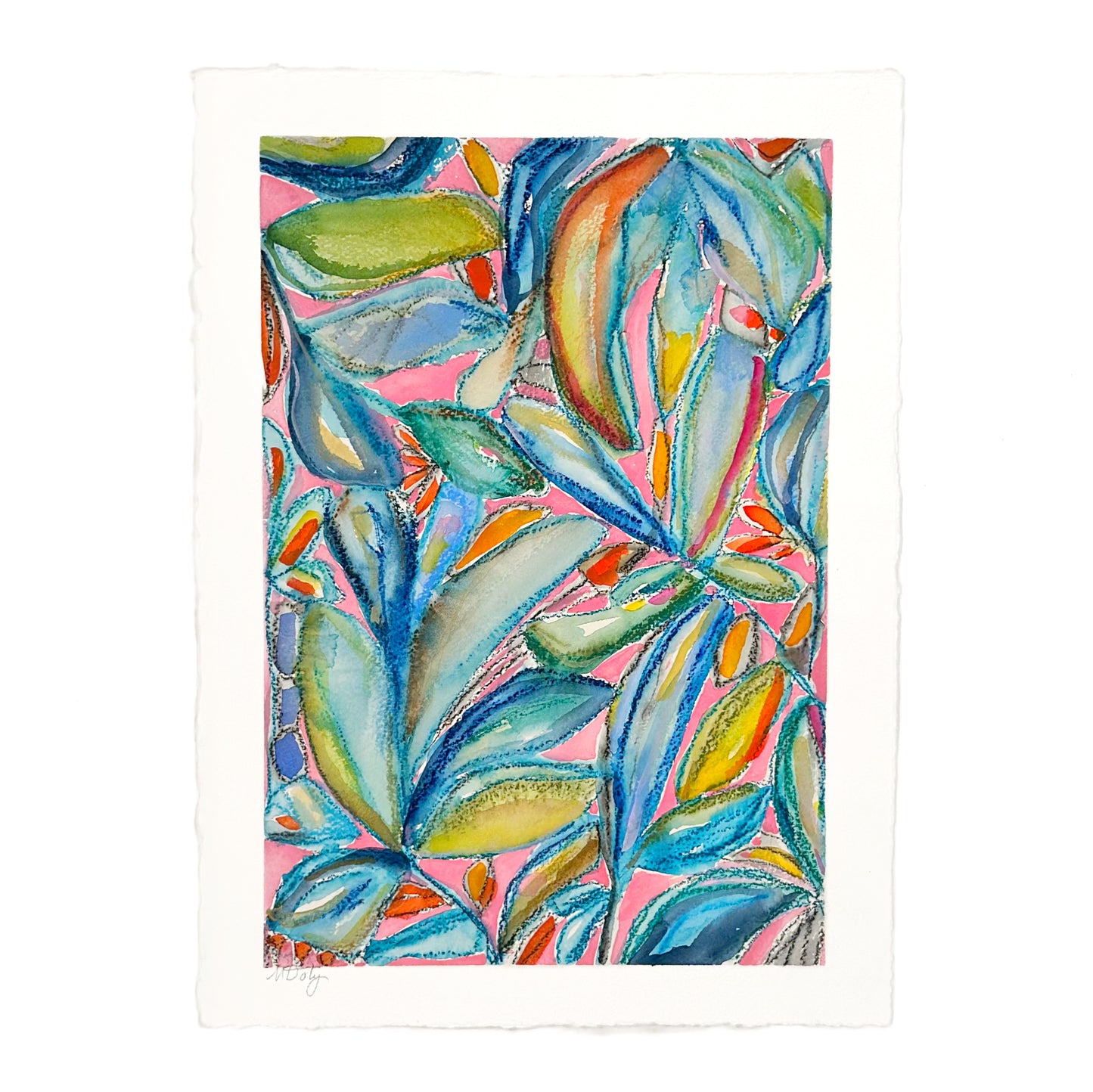 Abstract floral leafy pink and blue painting