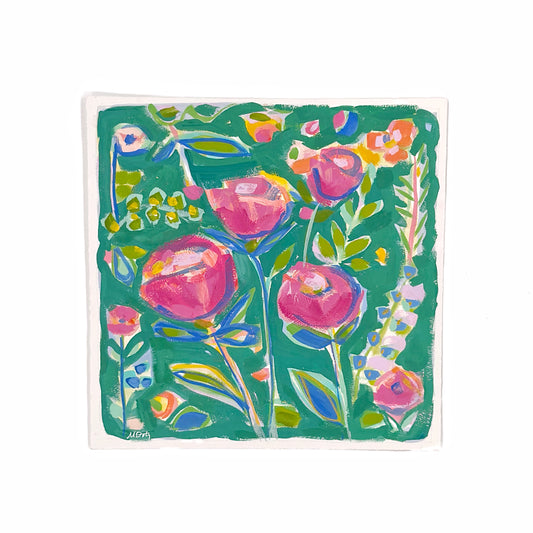 Colorful pink abstract floral painting on a green background