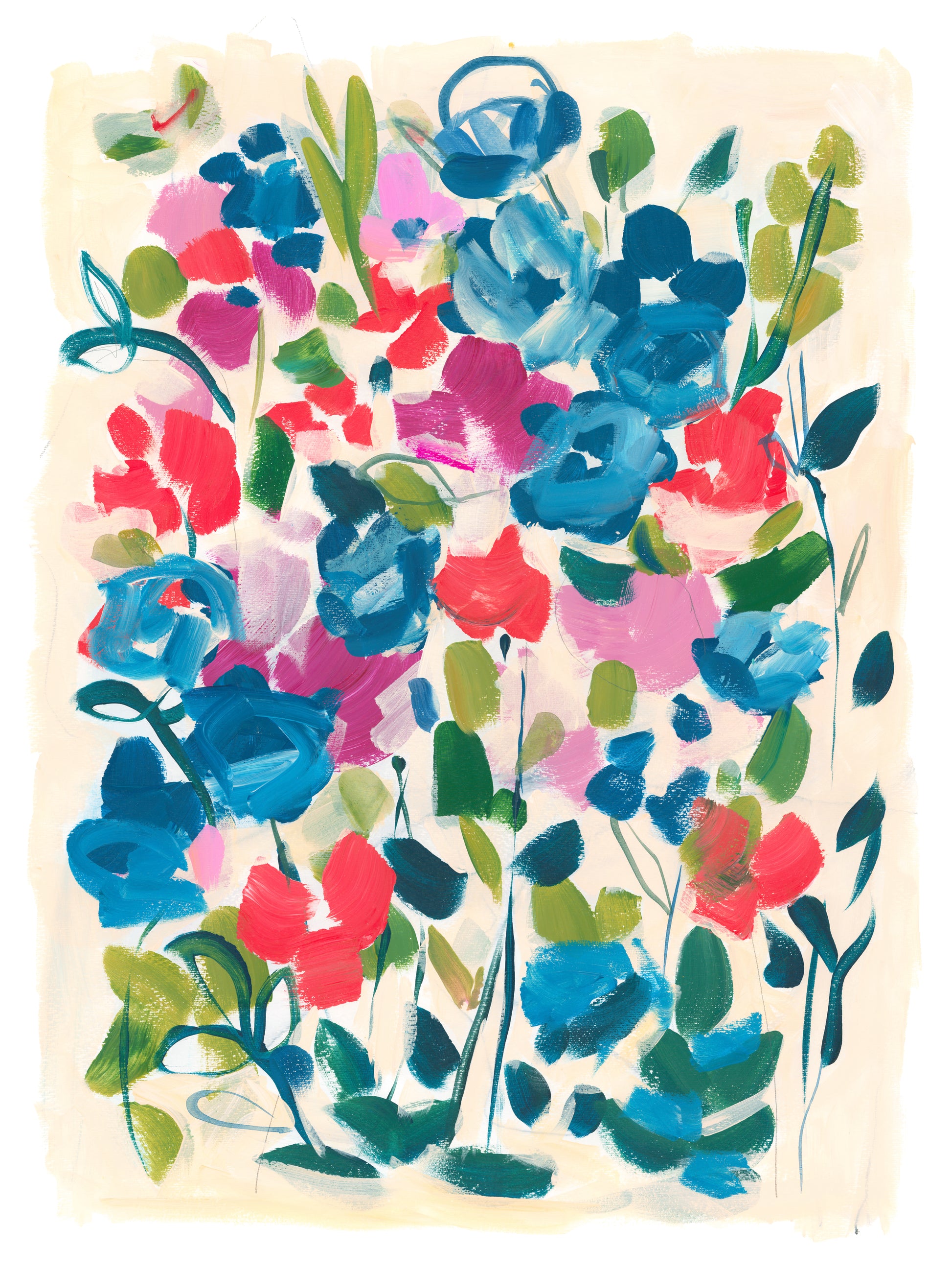 Red and blue abstract floral art print with cream background