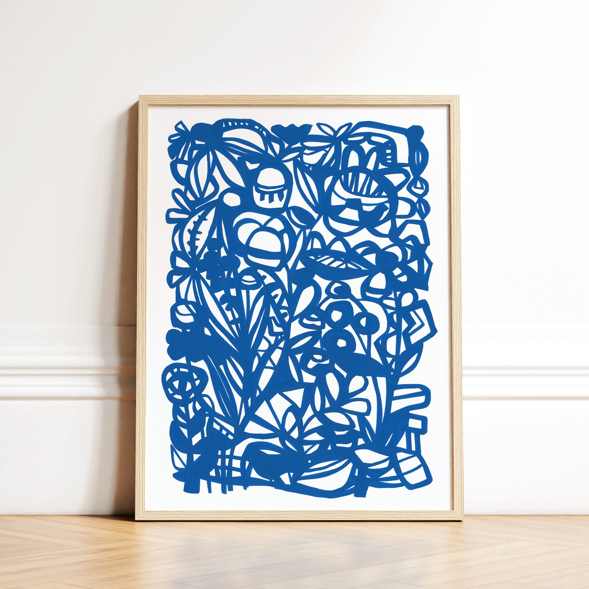 Blue abstract scribble framed art print