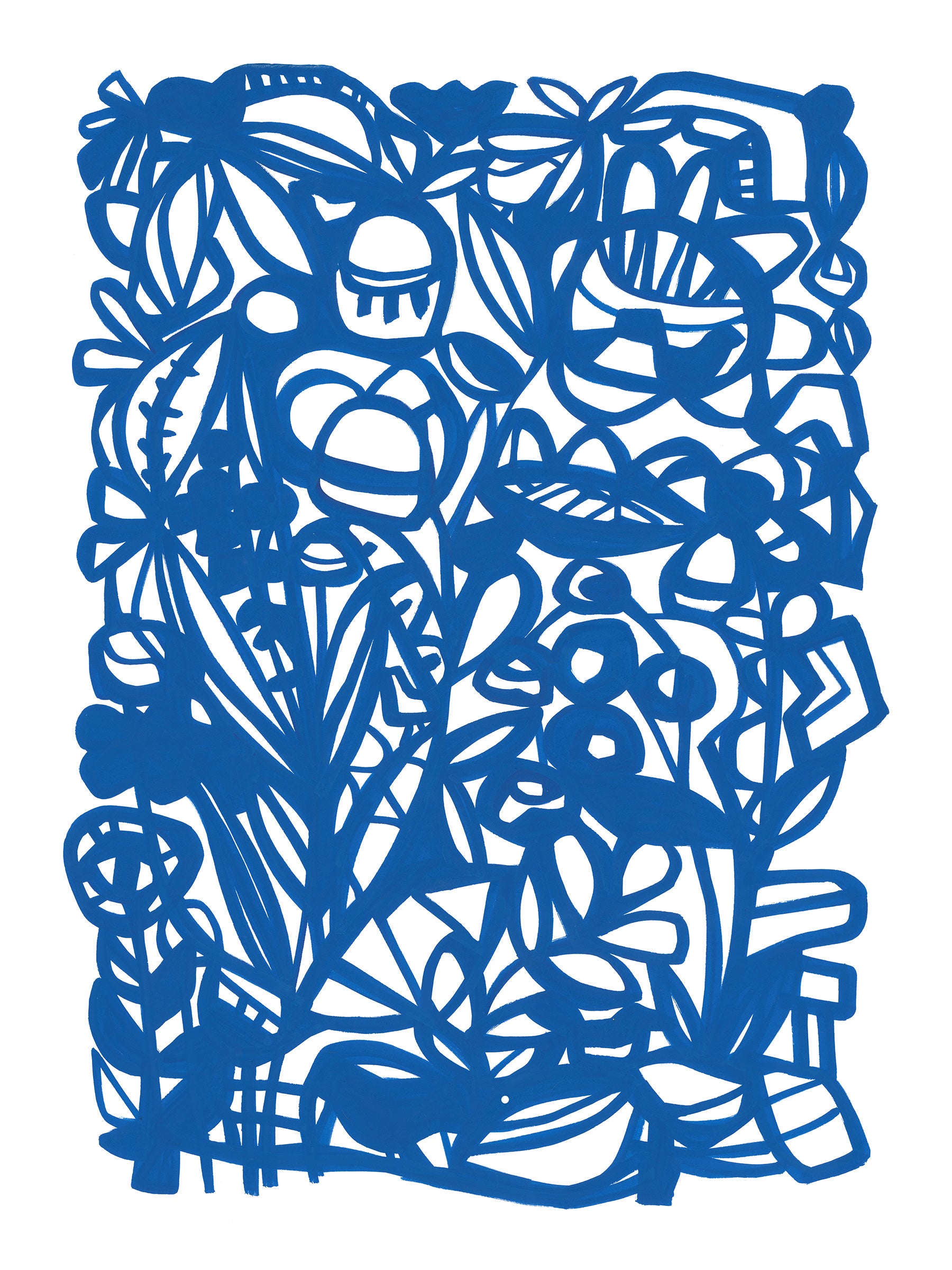 Blue cut-out design with abstract shapes and patterns on a white background