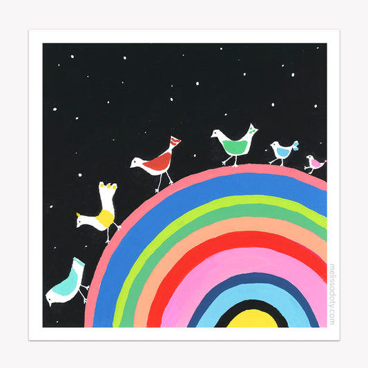 Sticker of colorful birds on a rainbow against a starry night sky