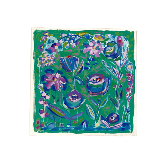 Blue and purple abstract floral original artwork on green background