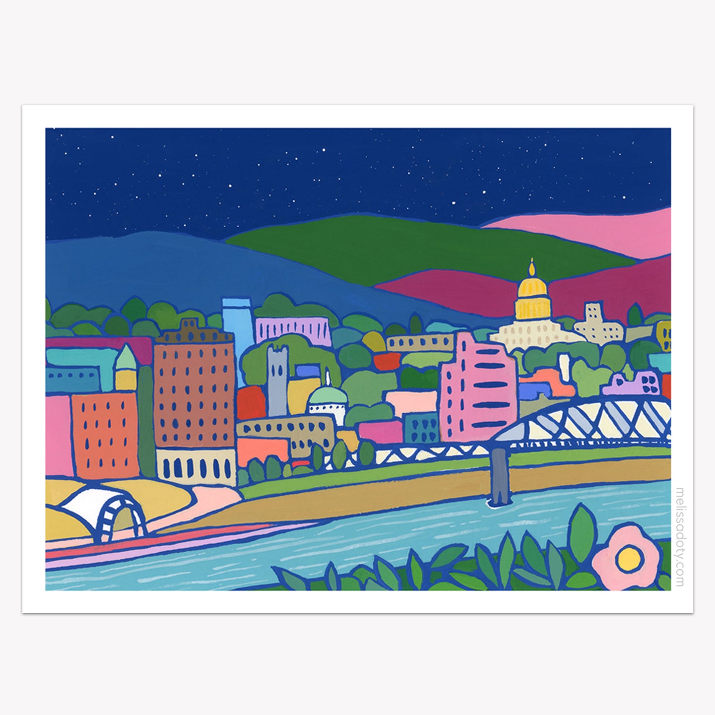 Colorful illustration of Charleston WV with buildings, a bridge, and mountains under a starry night sky on a vinyl sticker