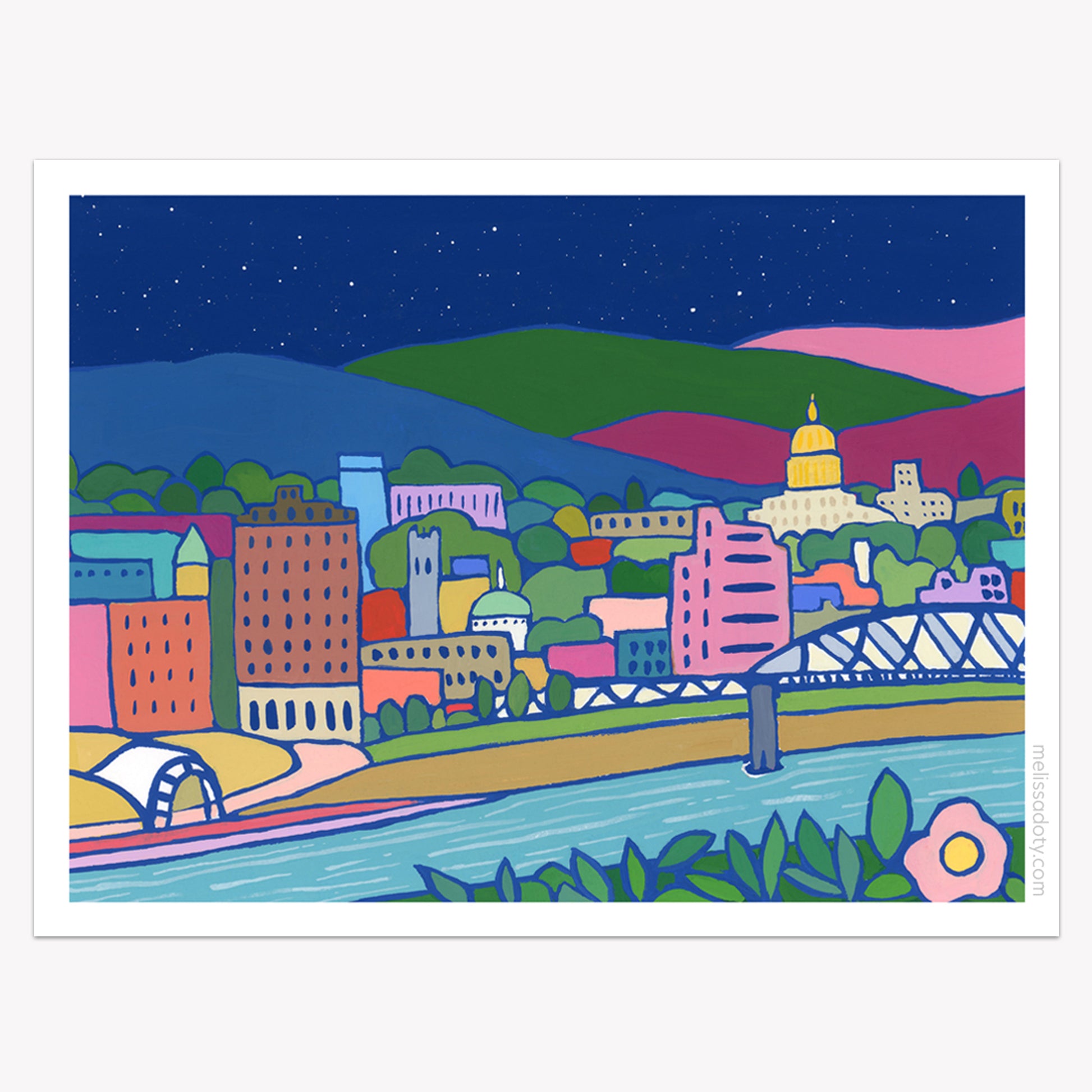 Colorful illustration of Charleston WV with buildings, a bridge, and mountains under a starry night sky on a vinyl sticker