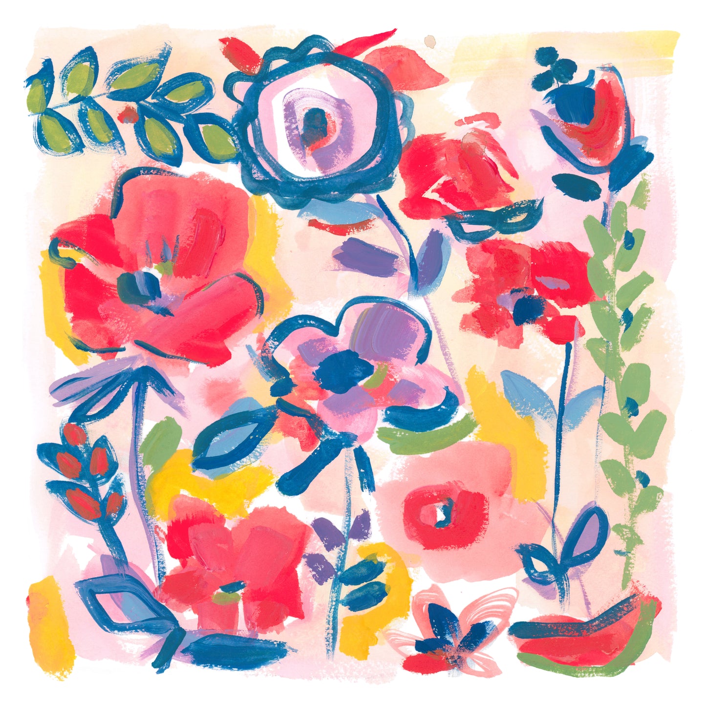 Colorful floral pattern with red, blue, and pink flowers on a light background