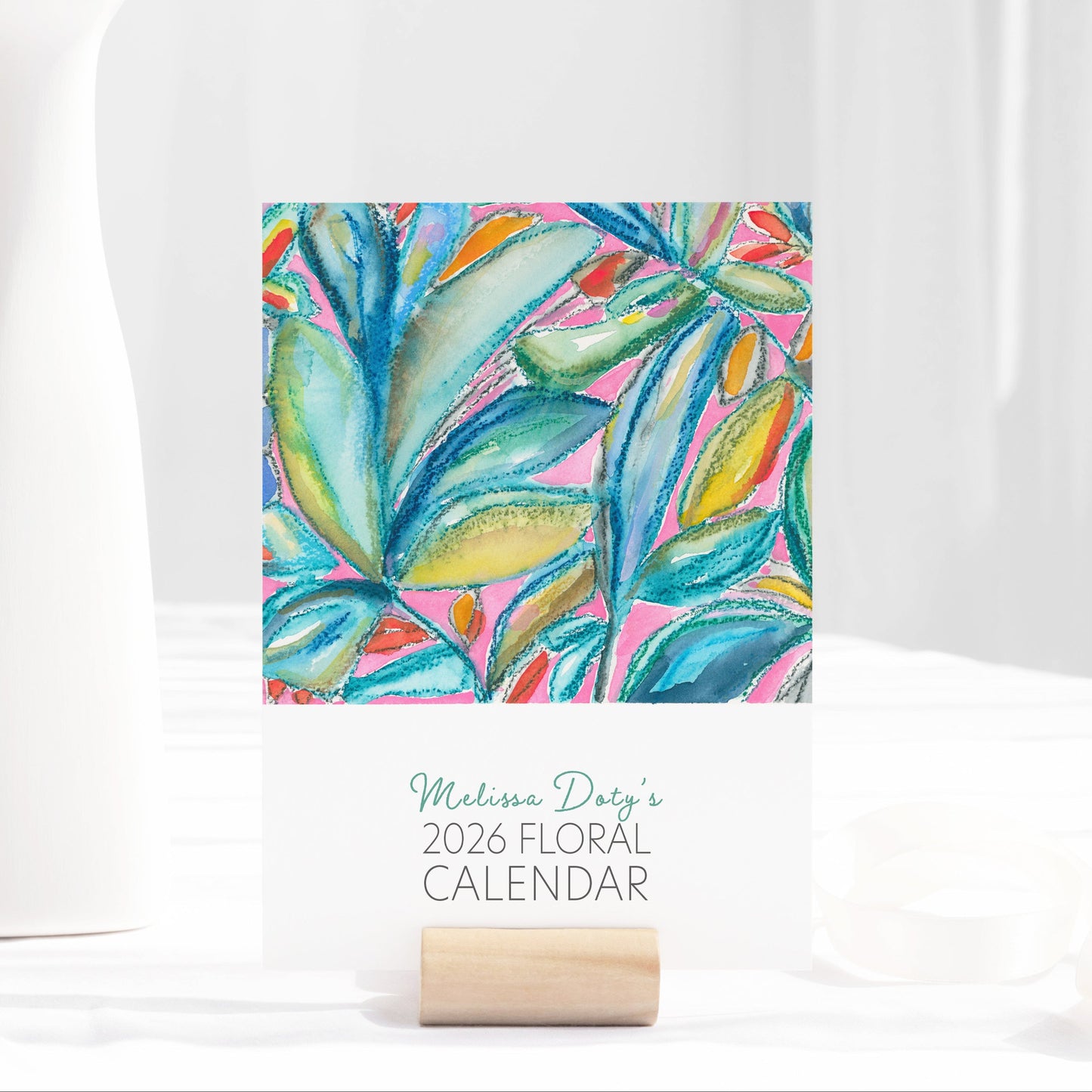 2026 Floral desktop calendar by Melissa Doty with floral design on a white background