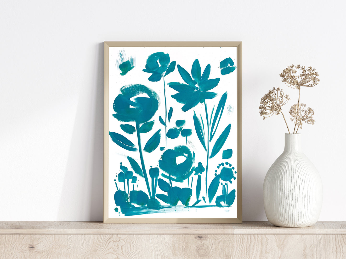 acrylic floral artwork on paper in frame