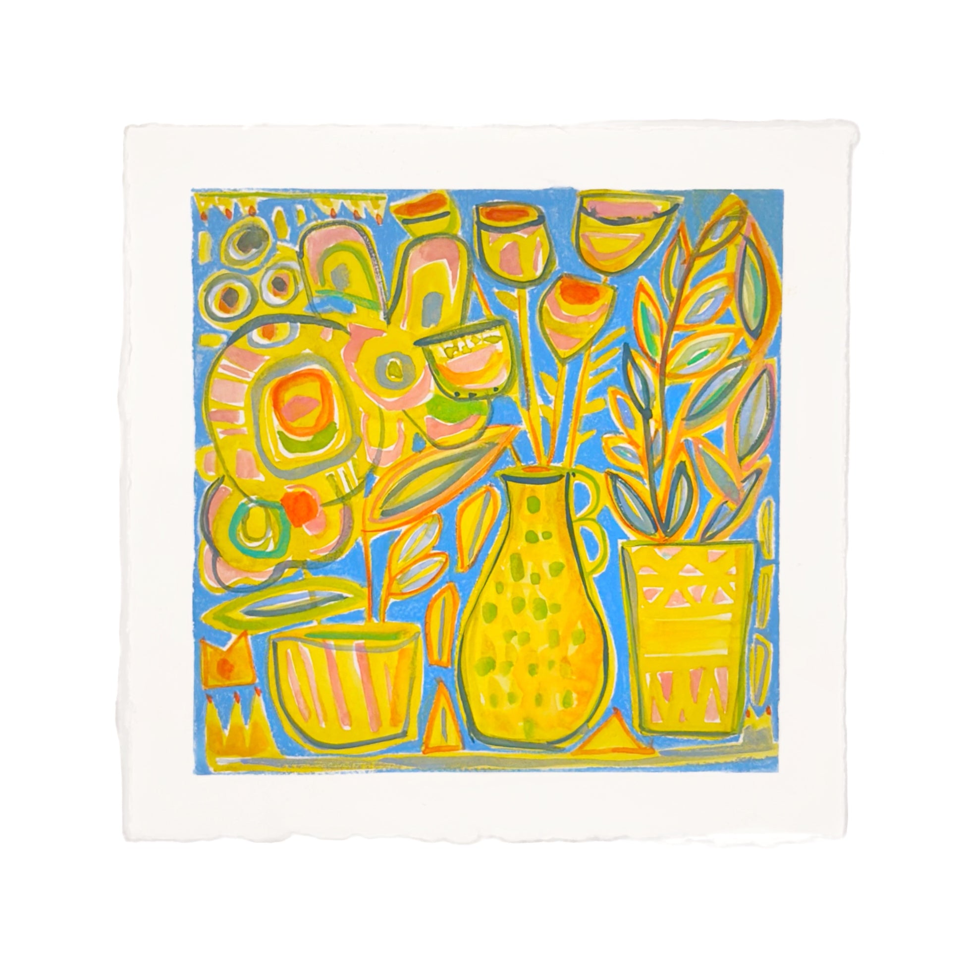 Colorful abstract blue and yellow painting of vases and flowers on a white background