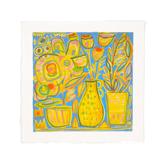 Colorful abstract blue and yellow painting of vases and flowers on a white background