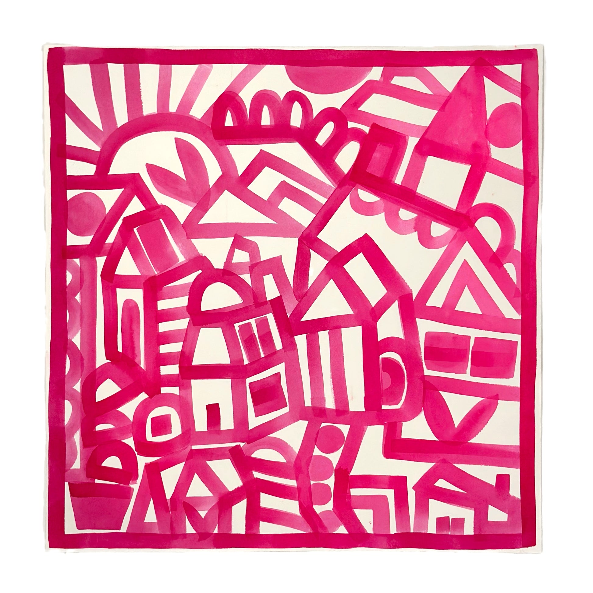 Pink ink painting of abstract town on hill
