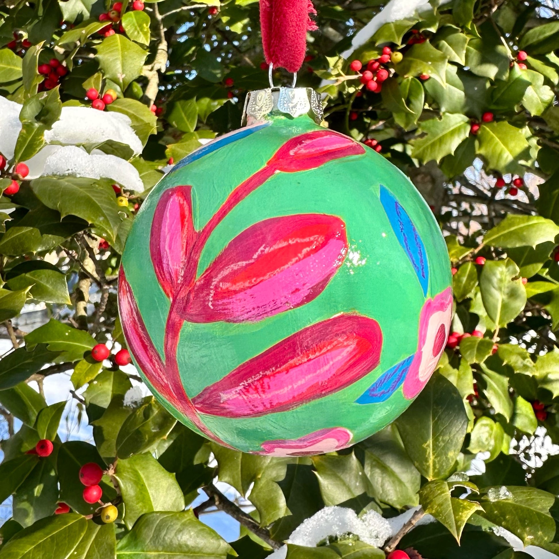 Red and green floral hand painted ceramic christmas ornament