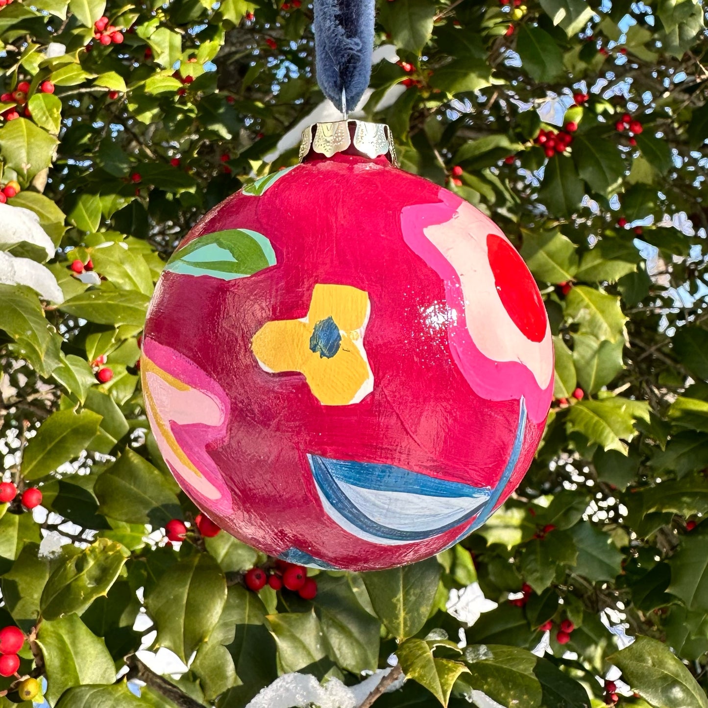 Rosy red hand painted floral ceramic christmas ornament