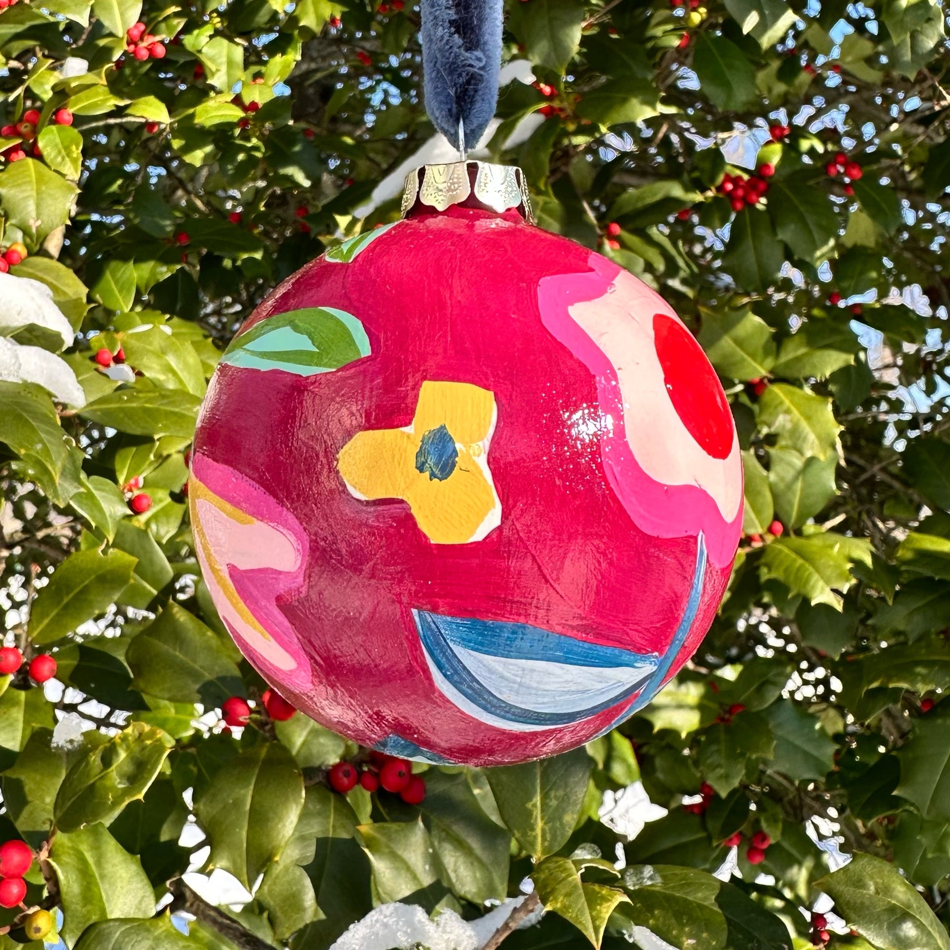 Rosy red hand painted floral ceramic christmas ornament