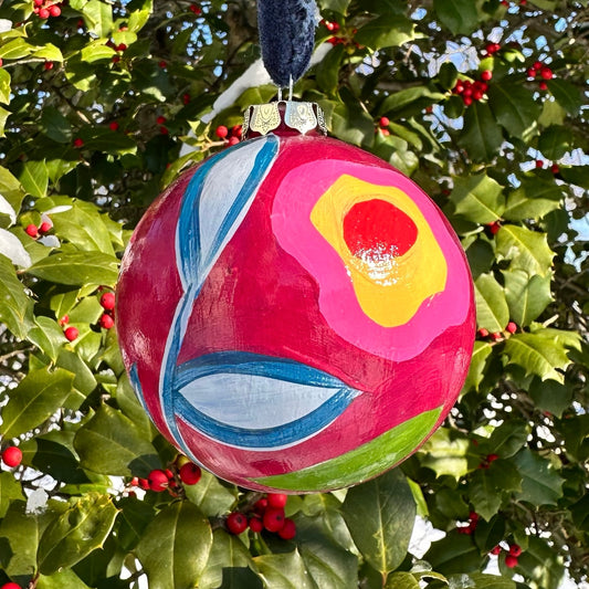 Rosy red hand painted floral ceramic christmas ornament