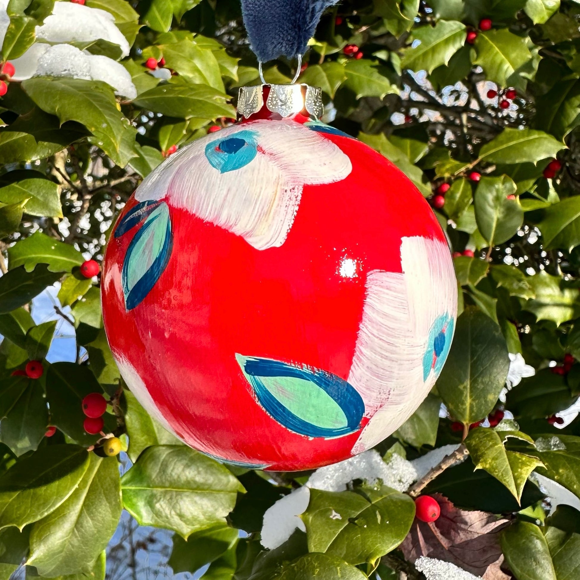 Red and white floral hand painted christmas ornament