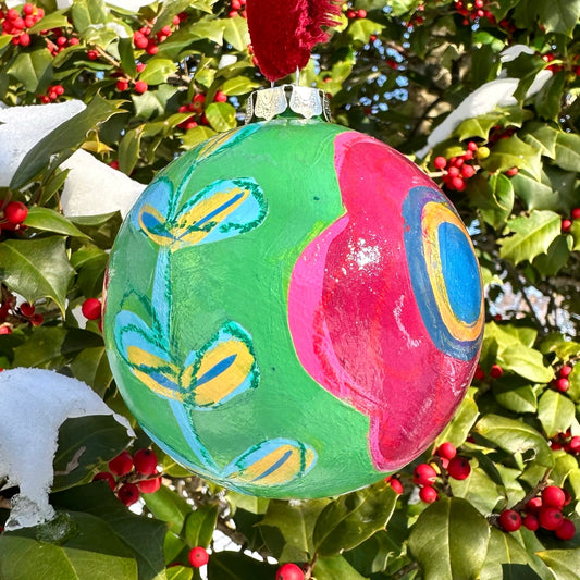 Red and green floral hand painted ceramic christmas ornament