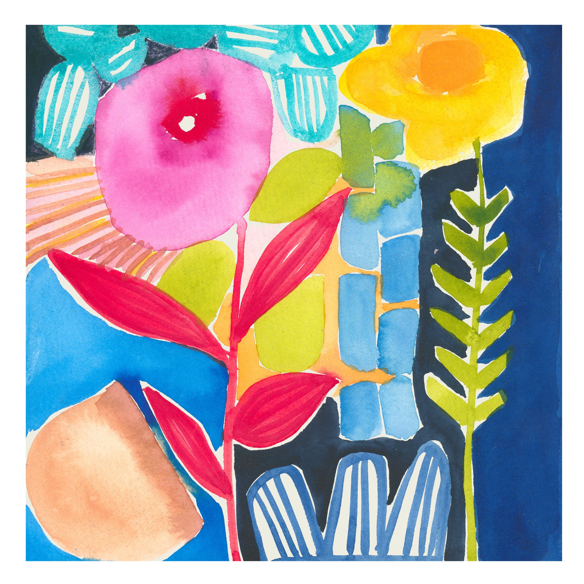 Colorful abstract artwork with flowers and leaves on a blue background