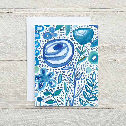 Blue and white floral watercolor A2 greeting card and envelope
