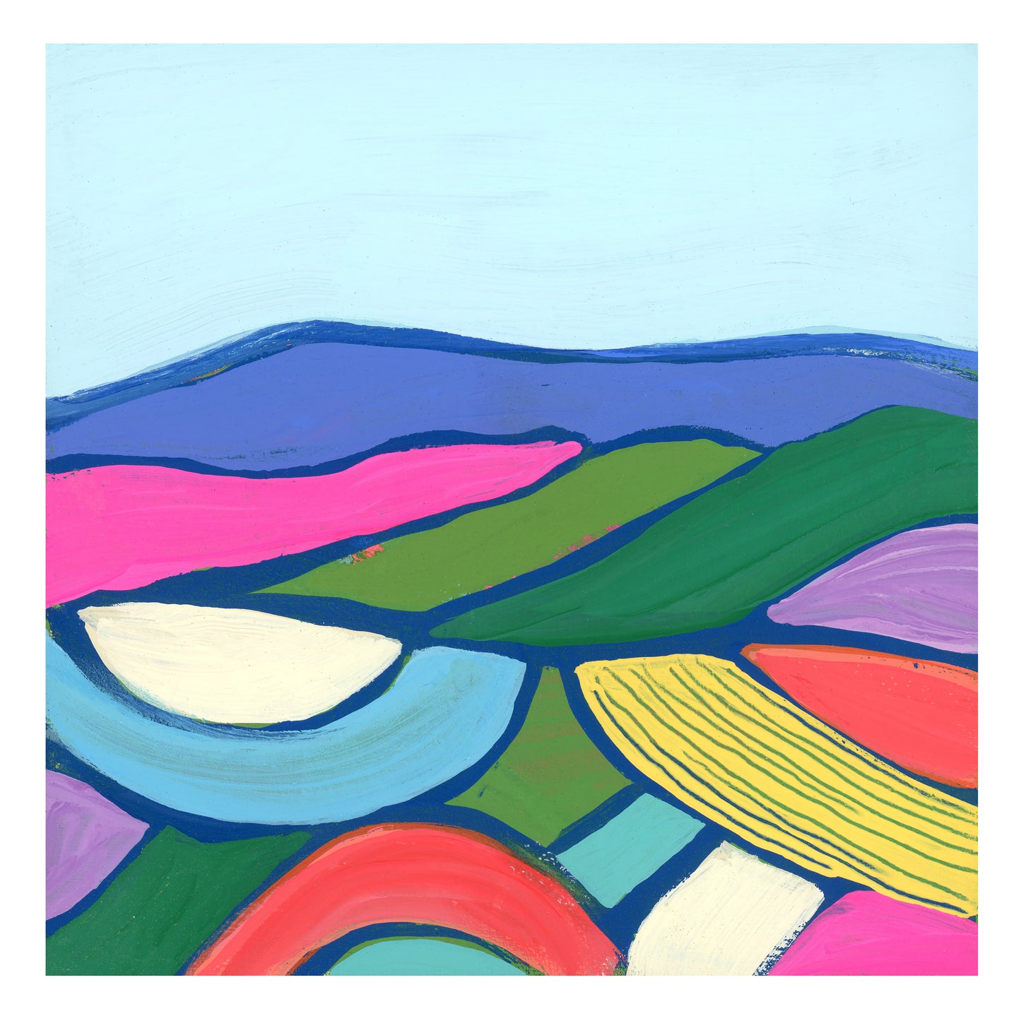 Colorful abstract landscape with wavy patterned mountains on a light blue background