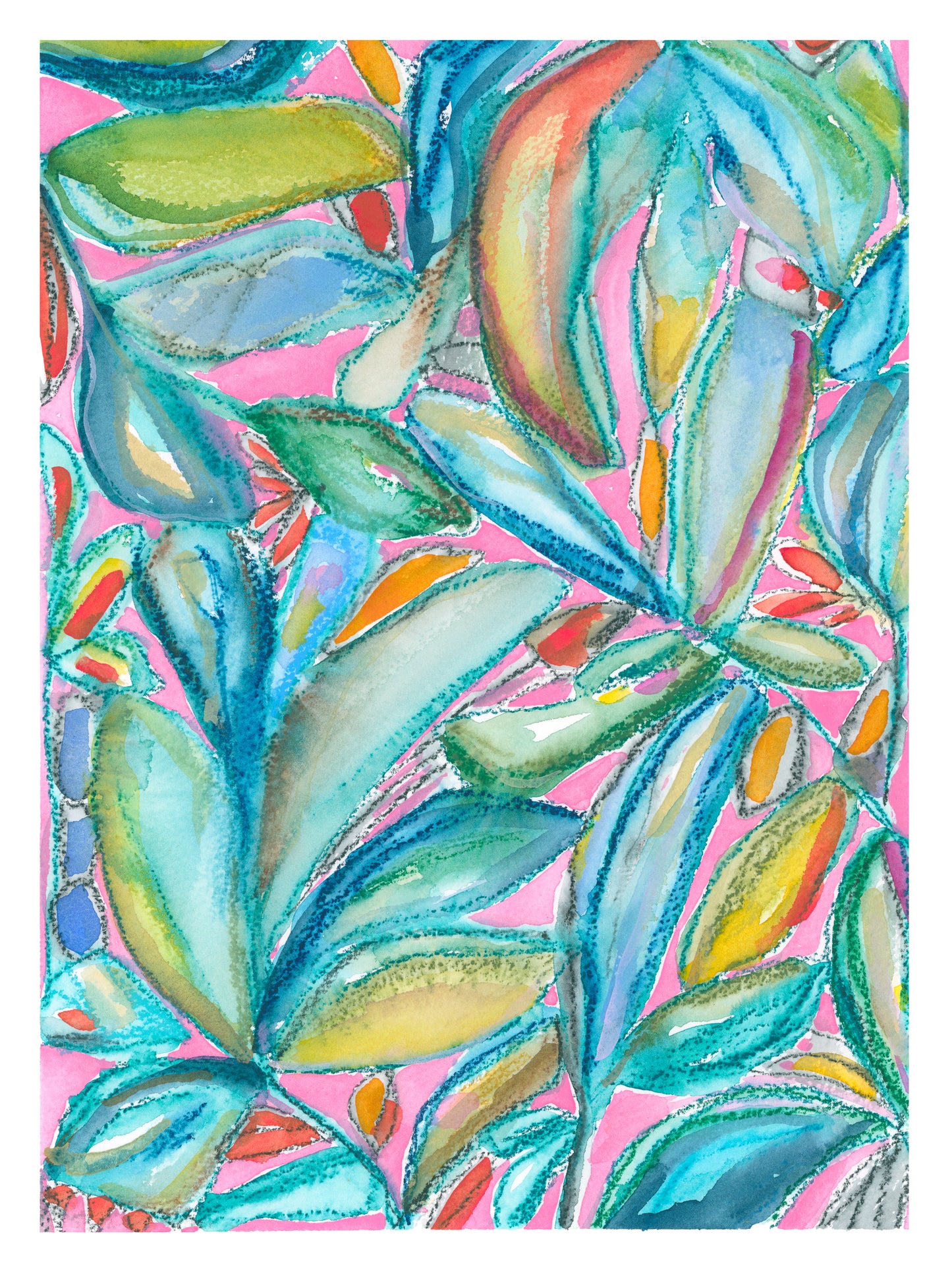 Pink, green and blue abstract leafy art print