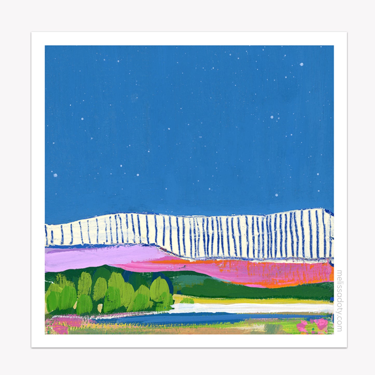 Colorful landscape painting with mountains, trees, and a blue sky.