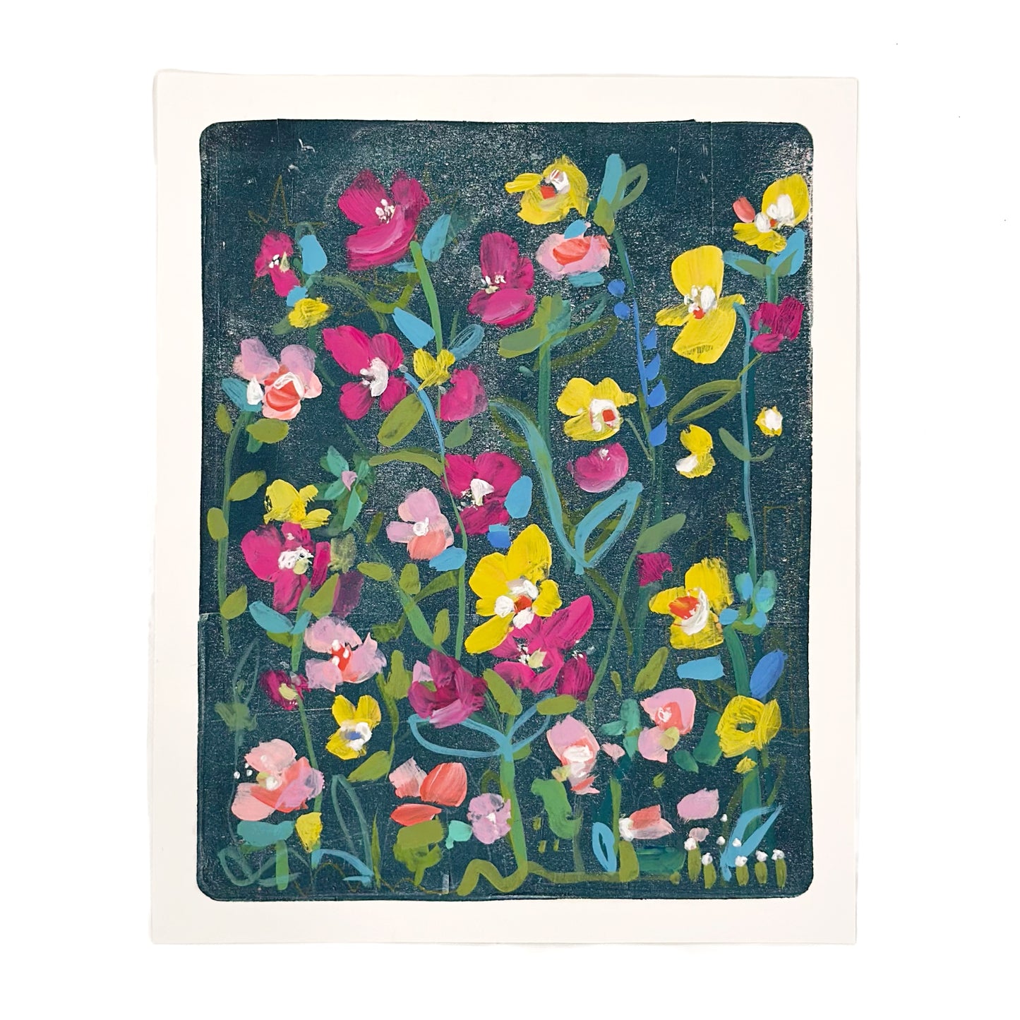 Pink and yellow abstract floral painting on gray background