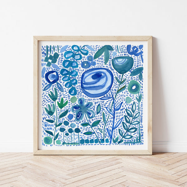 blue and white watercolor floral art print